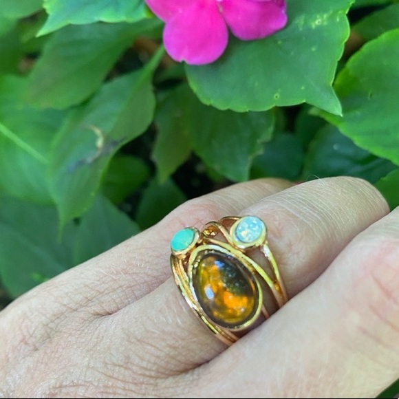 NEW! 18 Karat Gold Plated 925 Sterling Amber Multi Stone Ring Size 7 - Picture 3 of 6